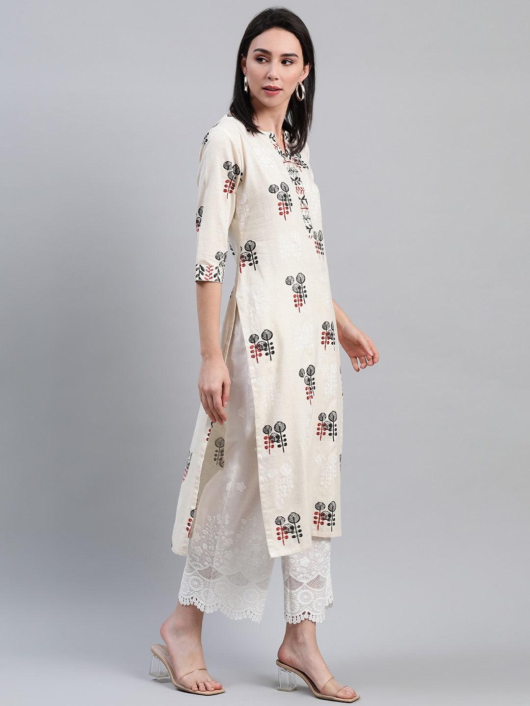 Beige Printed Cotton Kurta - Libas 