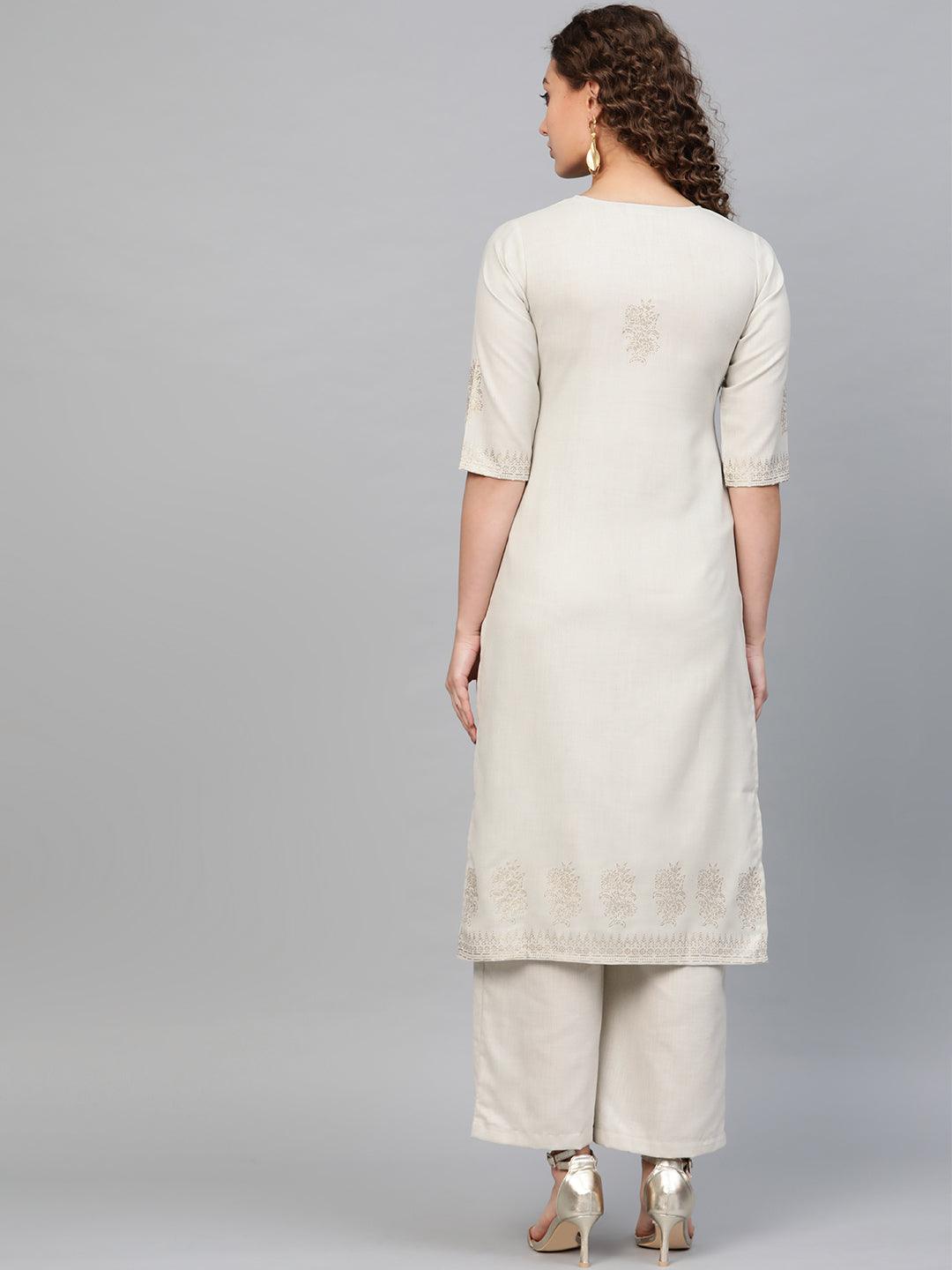 Beige Printed Cotton Kurta - Libas 