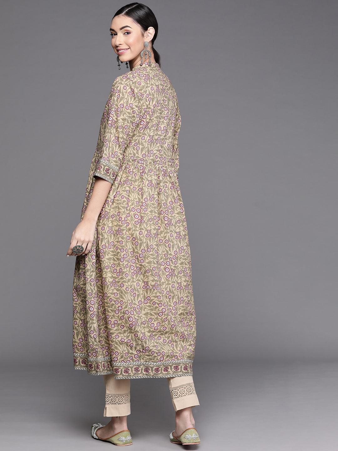 Beige Printed Cotton Kurta - Libas 