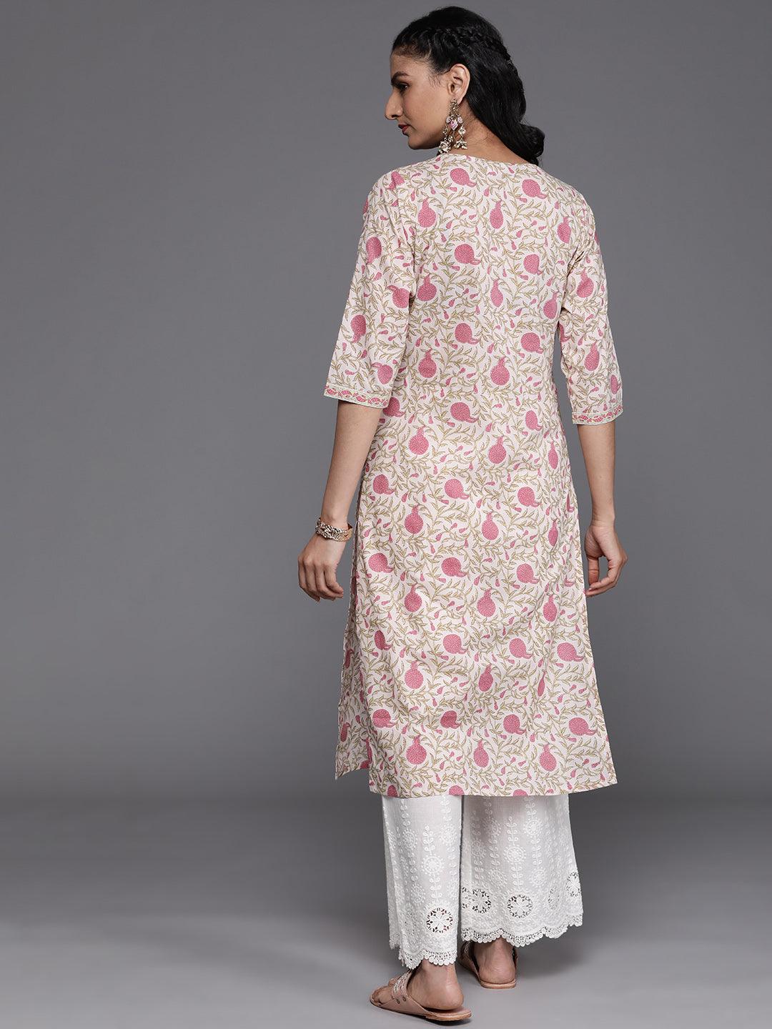 Beige Printed Cotton Kurta - Libas 