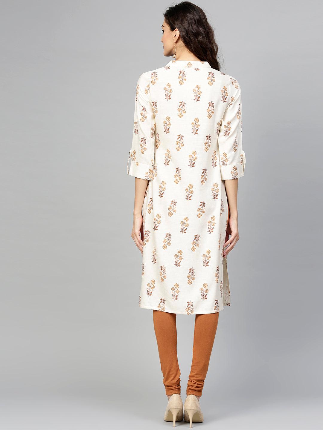 Beige Printed Cotton Kurta - Libas 