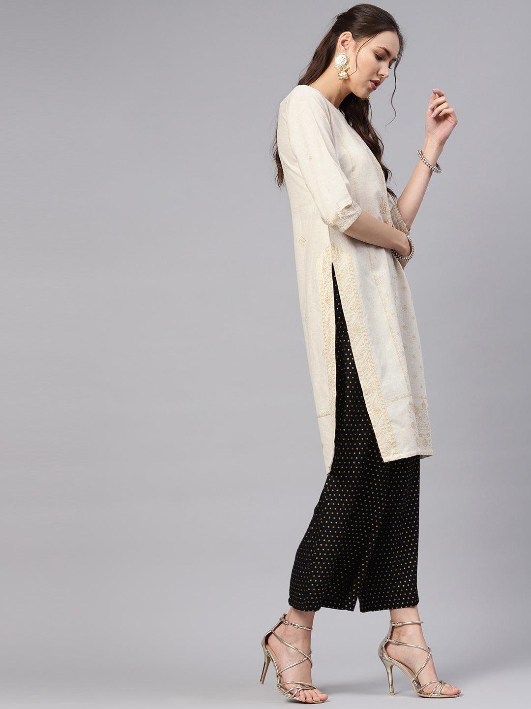 Beige Printed Cotton Kurta - Libas 