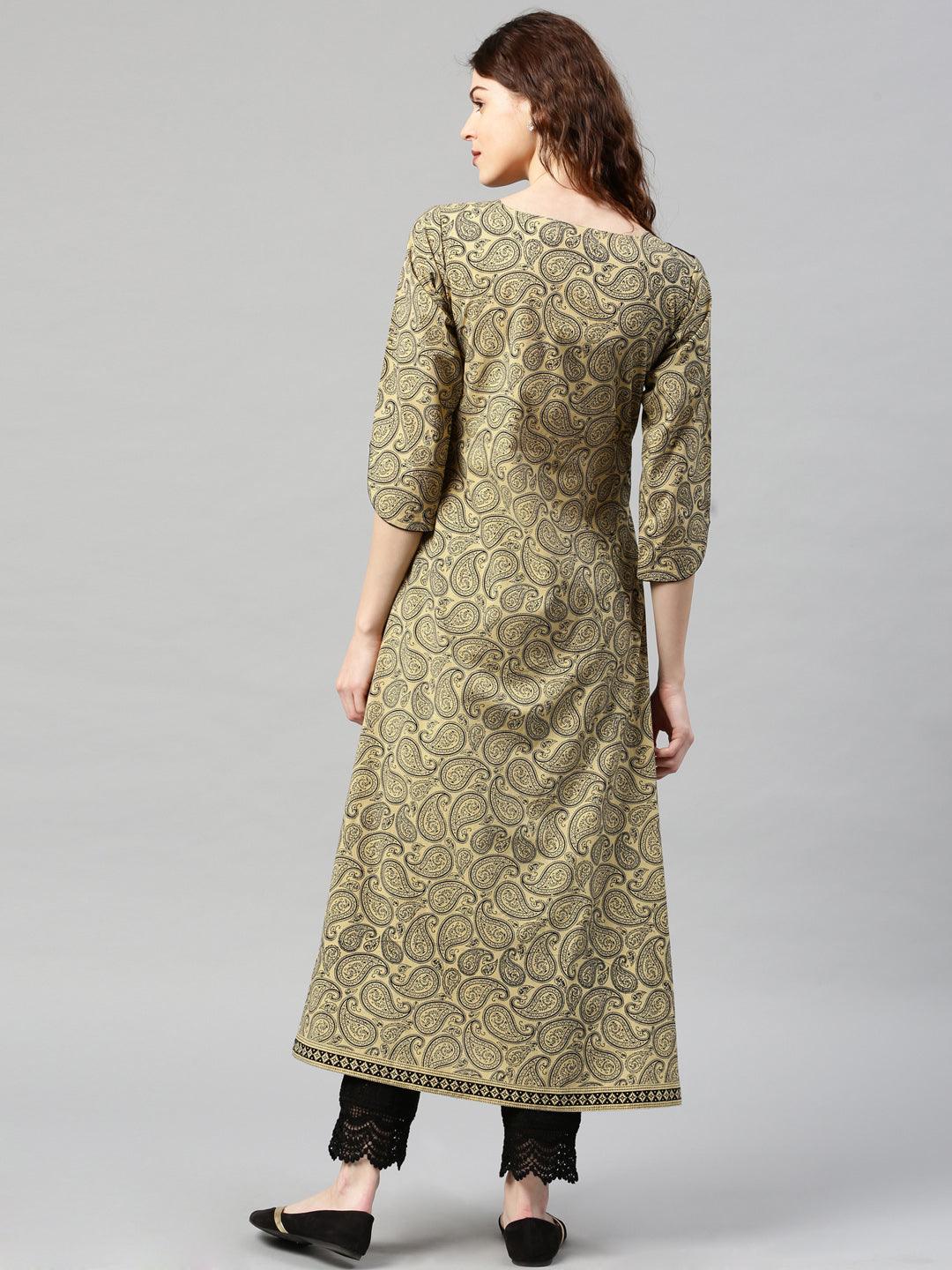 Beige Printed Cotton Kurta - Libas 