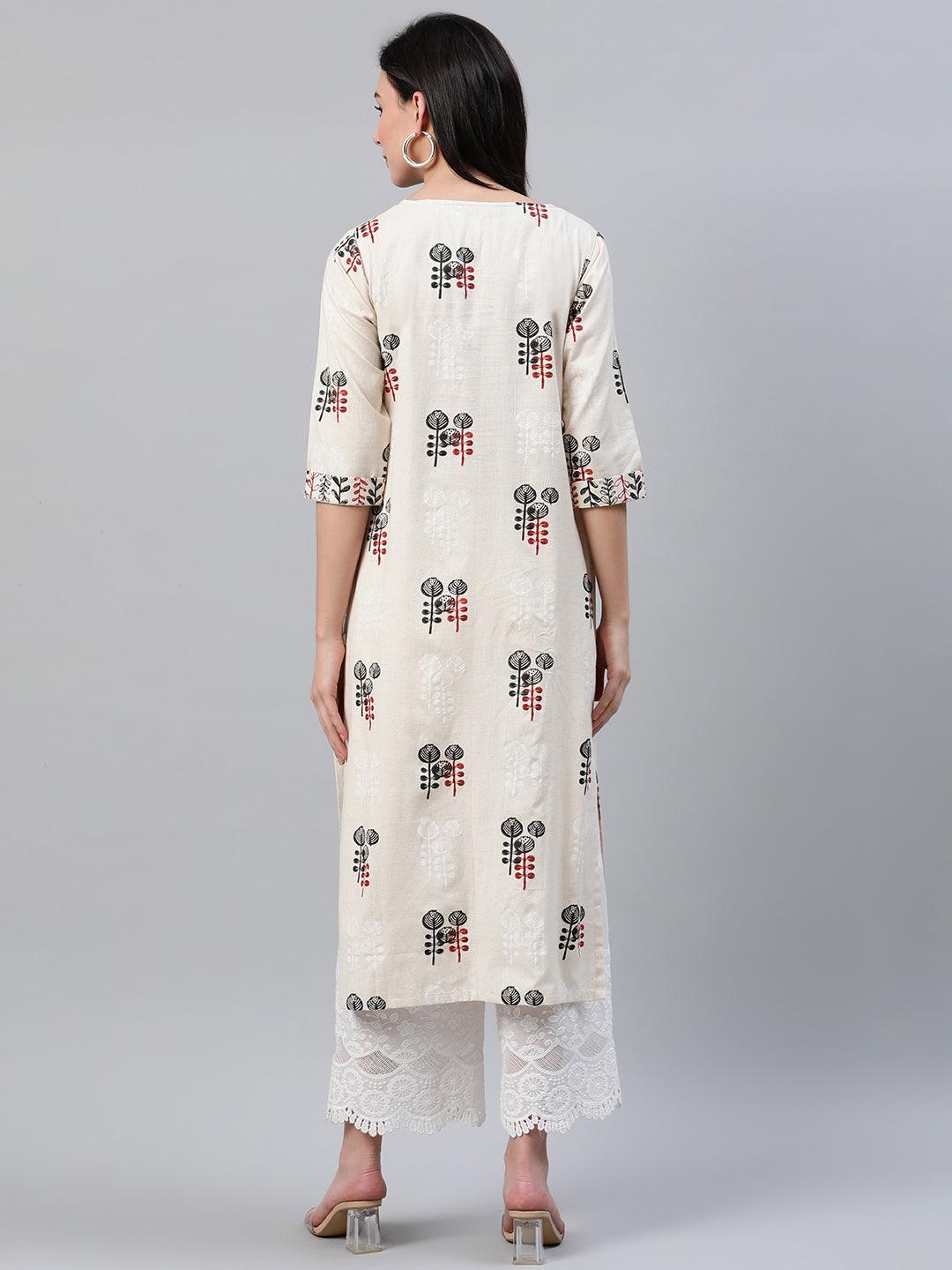 Beige Printed Cotton Kurta - Libas 