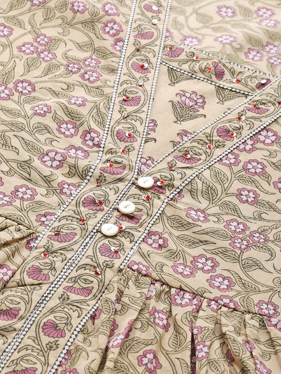 Beige Printed Cotton Kurta - Libas 