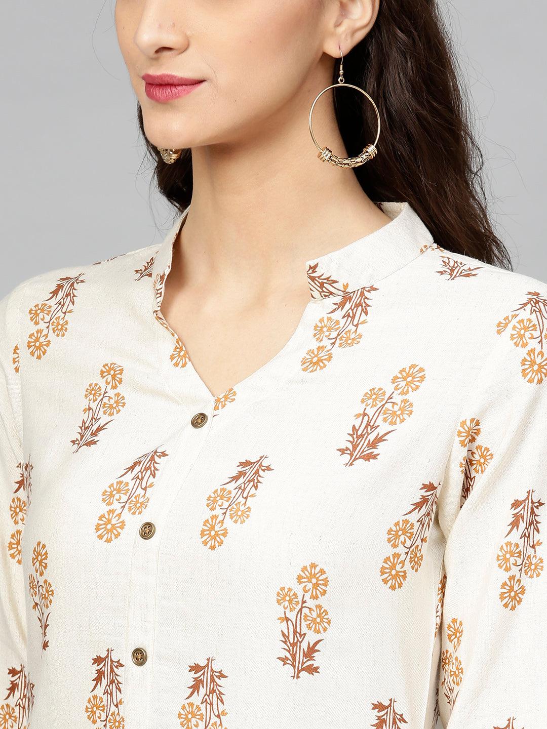 Beige Printed Cotton Kurta - Libas 