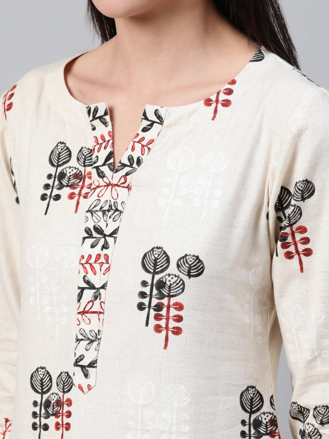 Beige Printed Cotton Kurta - Libas 