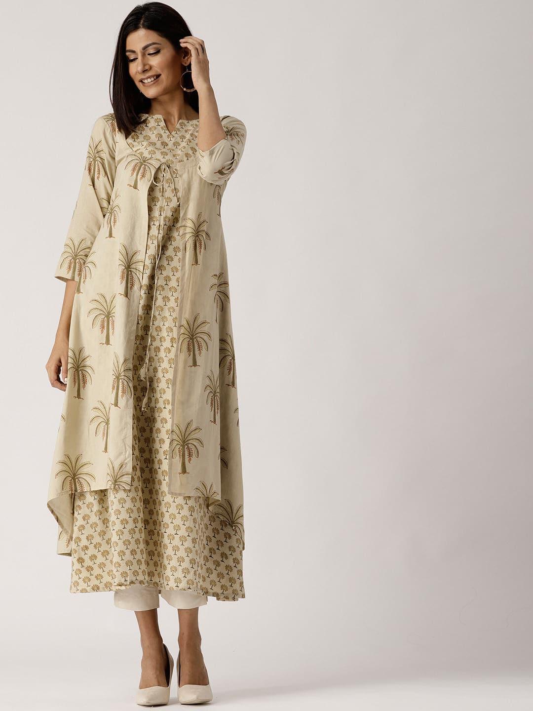 Beige Printed Cotton Kurta With Jacket - Libas 