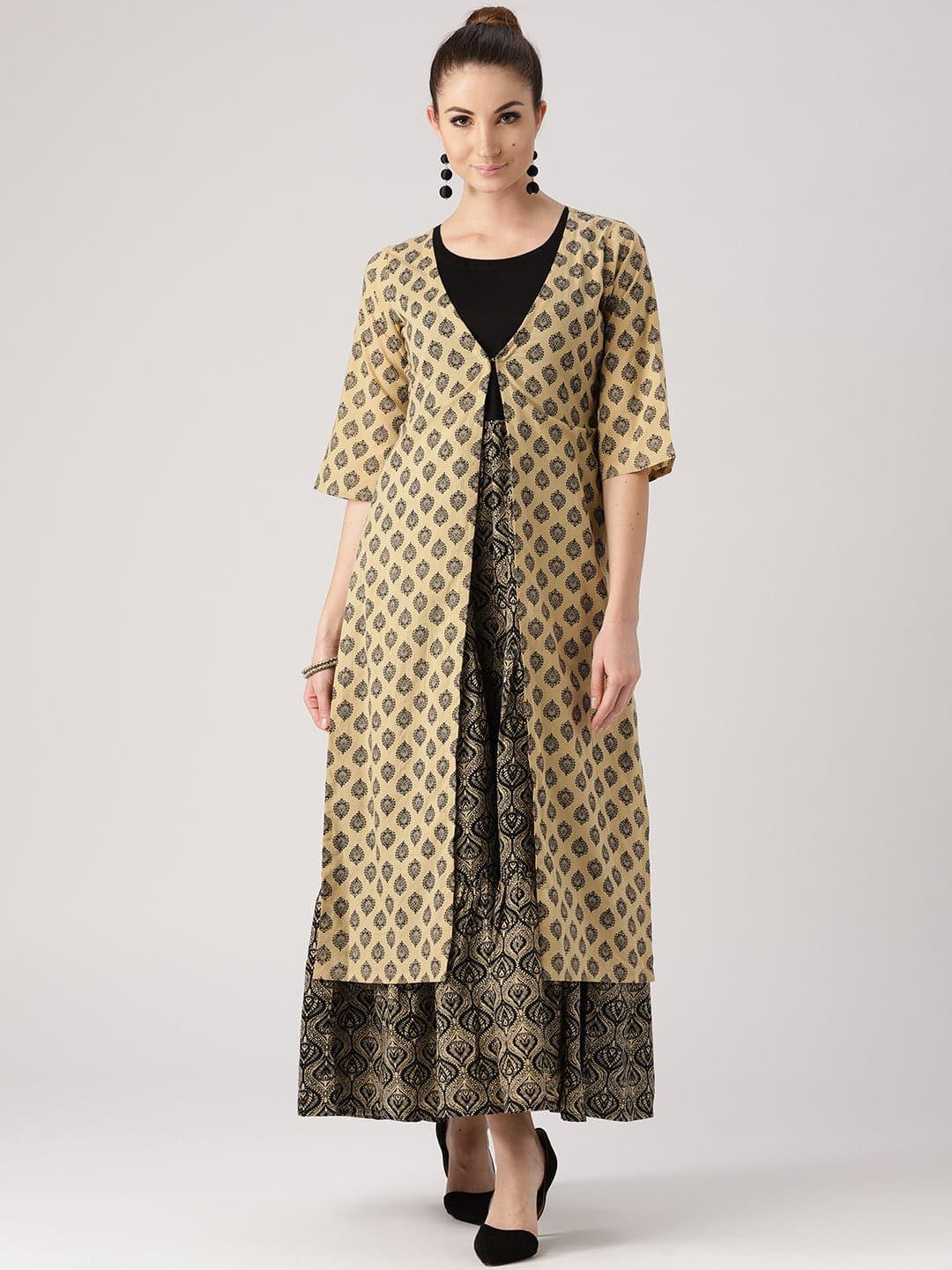 Beige Printed Cotton Kurta With Jacket - Libas 