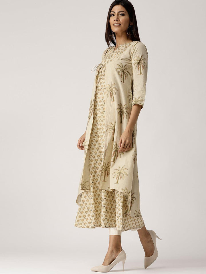 Beige Printed Cotton Kurta With Jacket - Libas