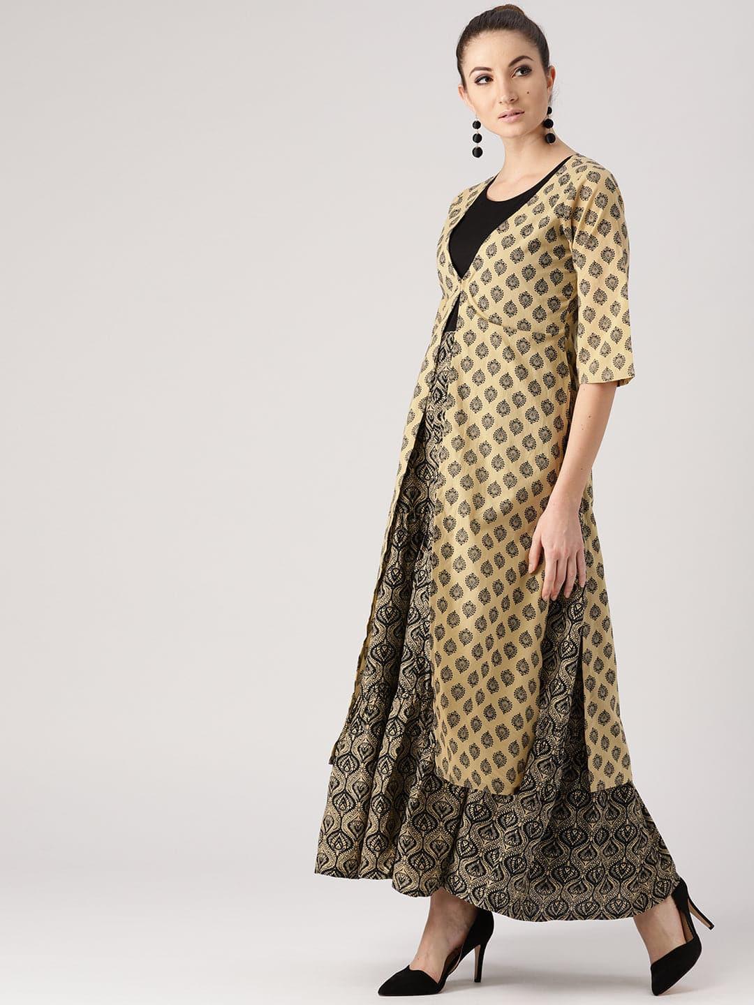 Beige Printed Cotton Kurta With Jacket - Libas 