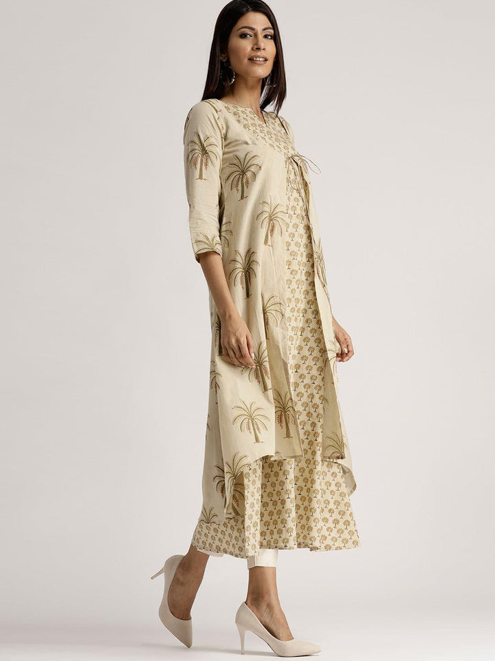 Beige Printed Cotton Kurta With Jacket - Libas