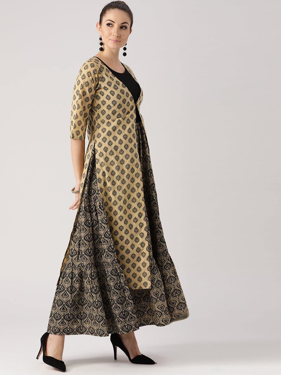 Beige Printed Cotton Kurta With Jacket - Libas 