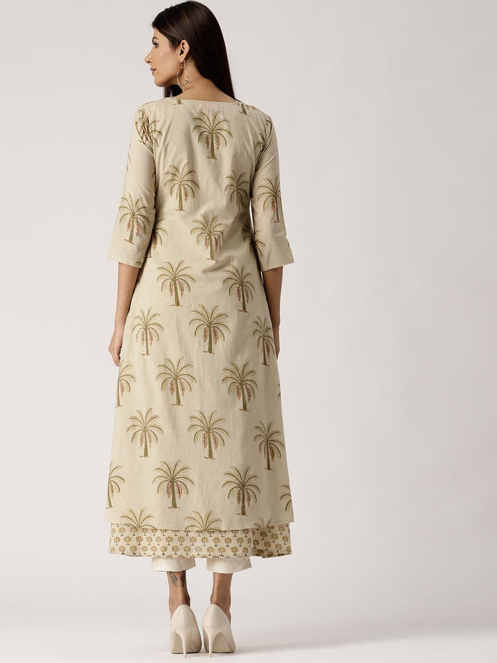 Beige Printed Cotton Kurta With Jacket - Libas