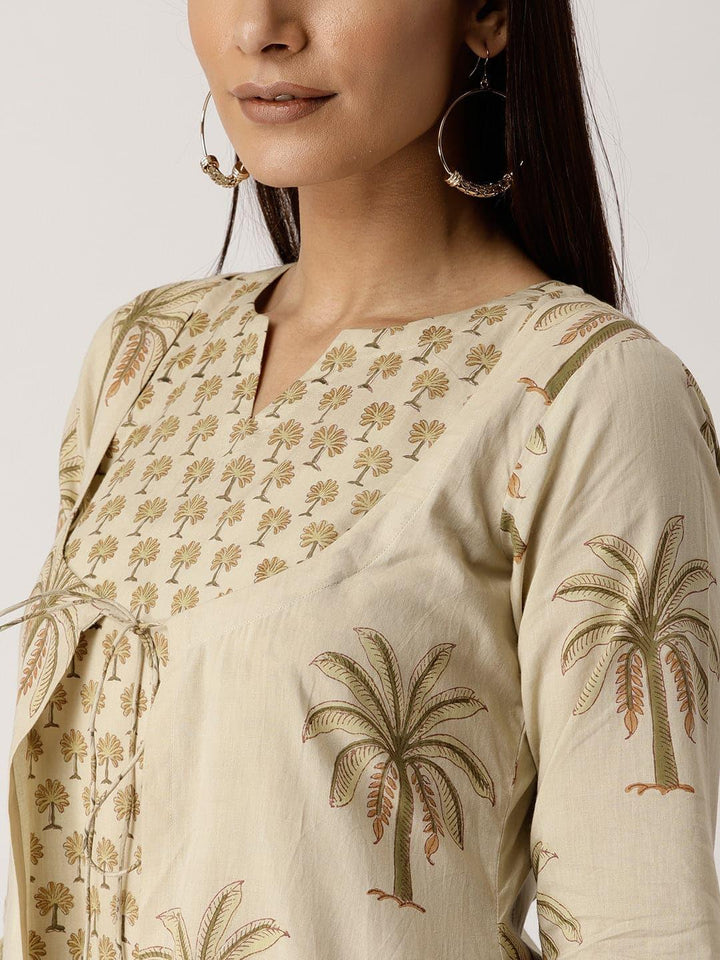 Beige Printed Cotton Kurta With Jacket - Libas