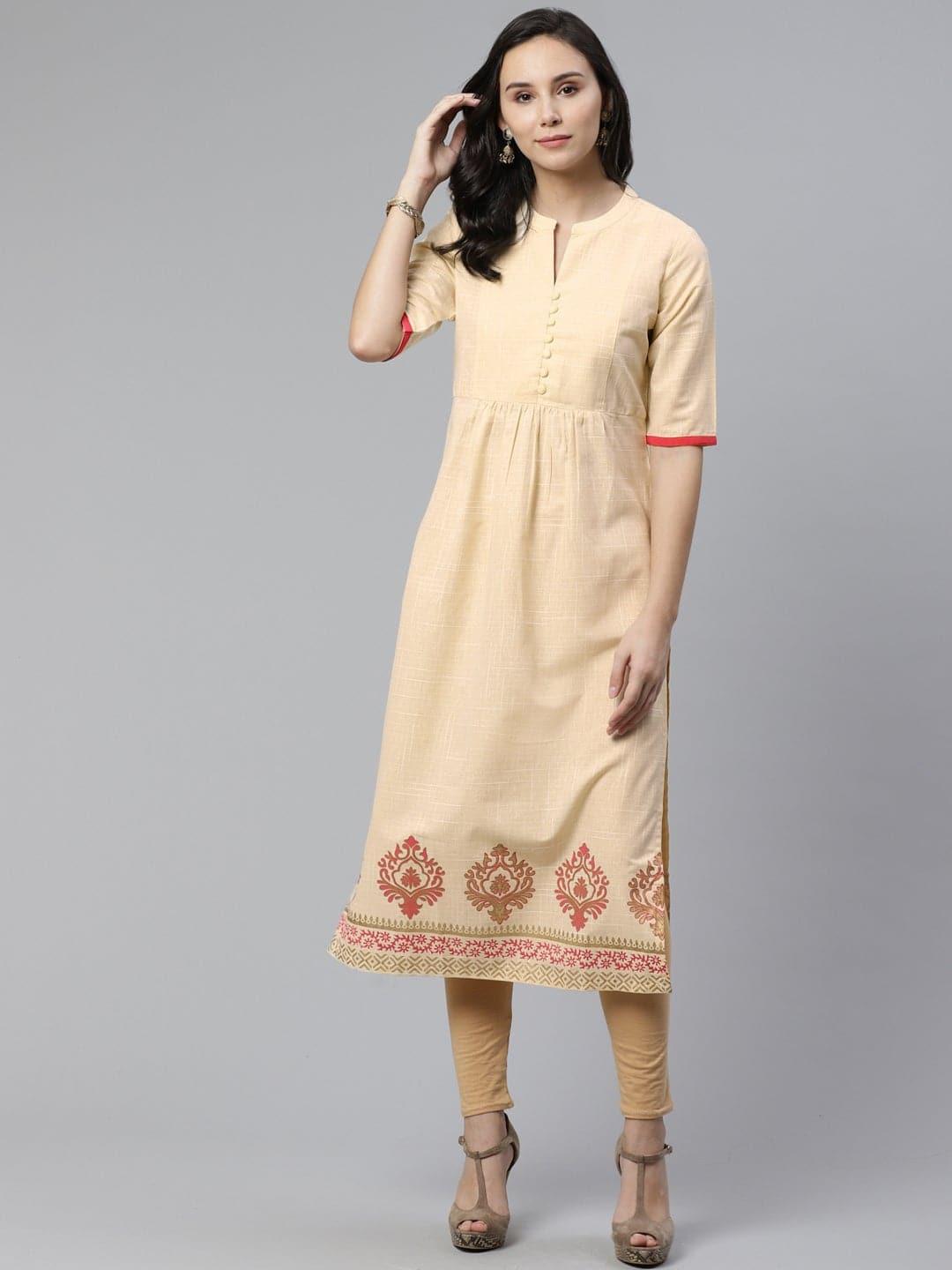 Beige Printed Cotton Kurti - Libas 