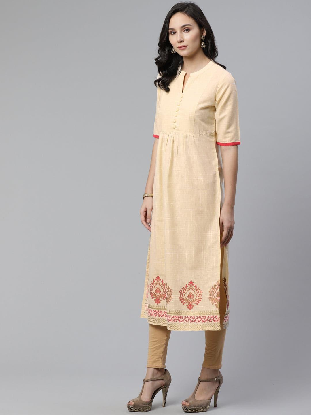 Beige Printed Cotton Kurti - Libas 