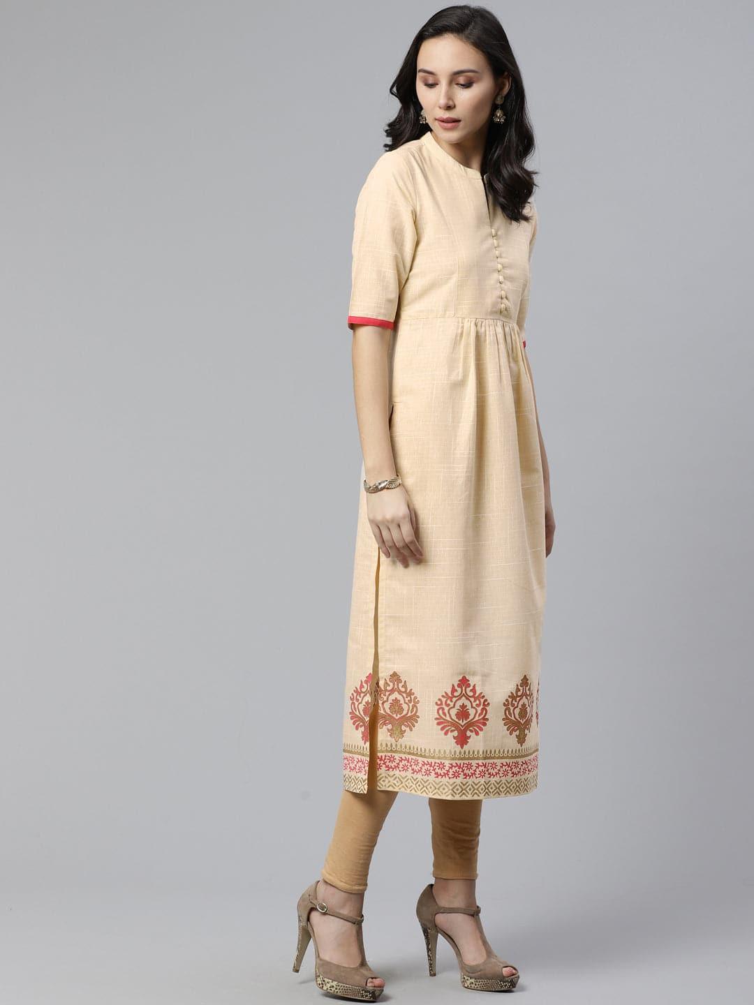 Beige Printed Cotton Kurti - Libas 