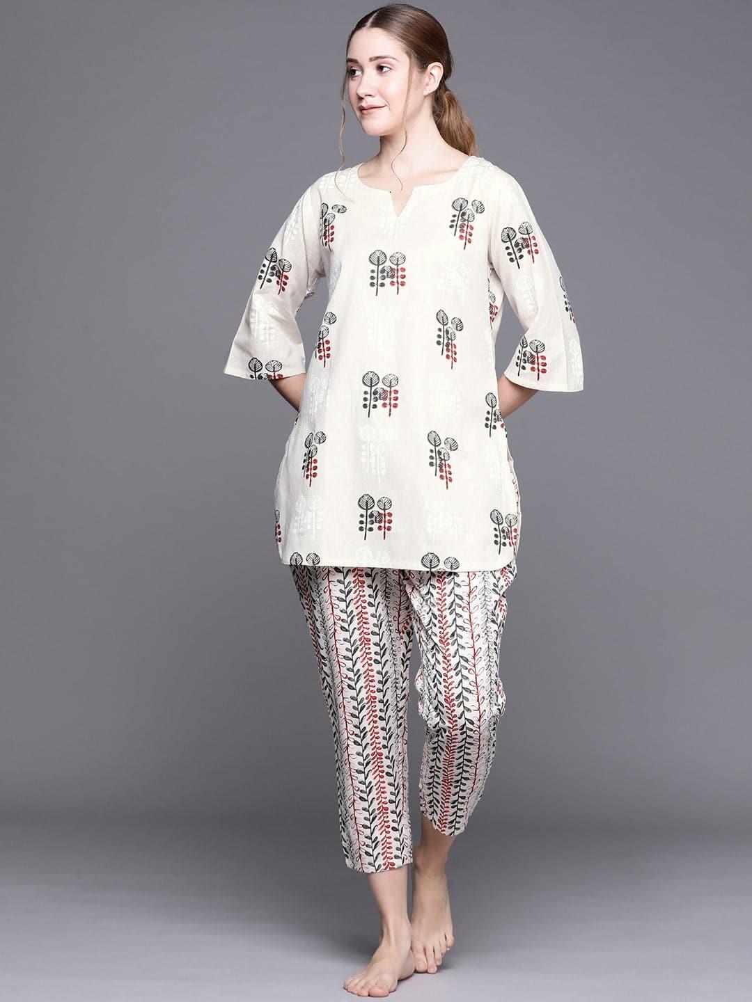 Beige Printed Cotton Night Suit - Libas 