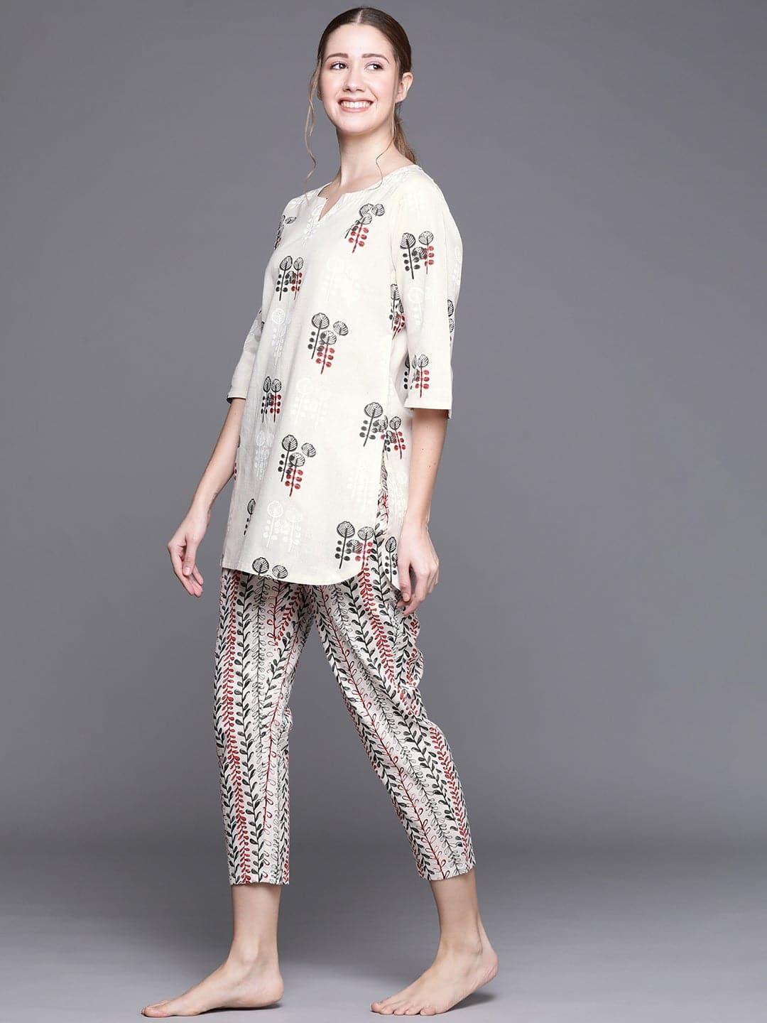 Beige Printed Cotton Night Suit - Libas 