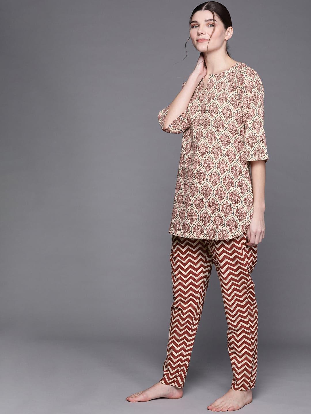 Beige Printed Cotton Night Suit - Libas 