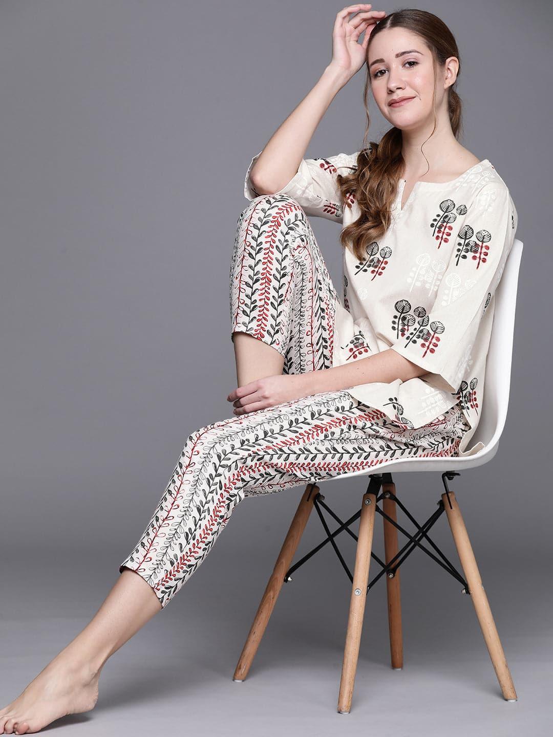 Beige Printed Cotton Night Suit - Libas 