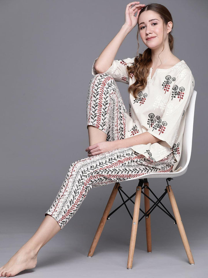 Beige Printed Cotton Night Suit - Libas