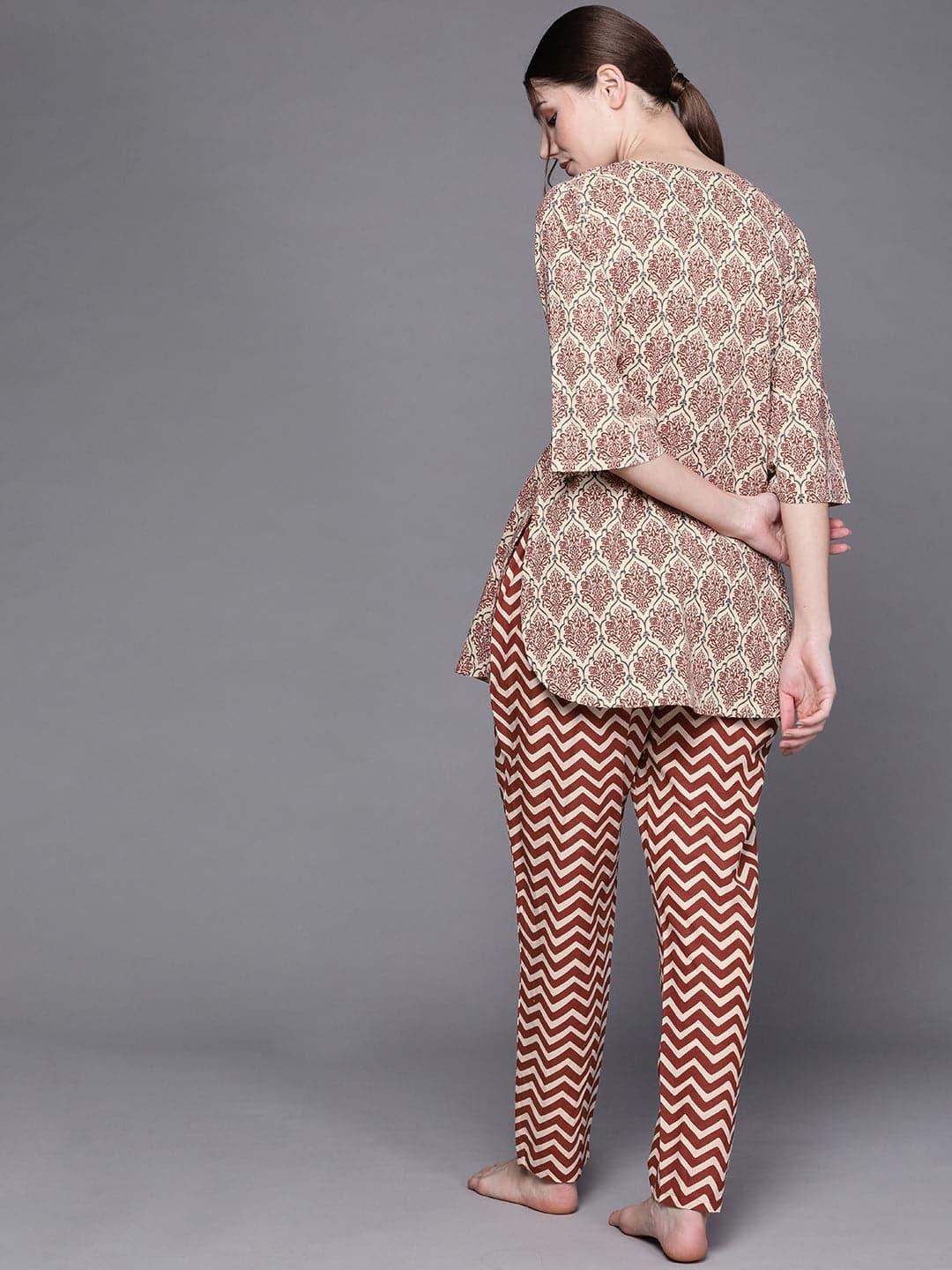 Beige Printed Cotton Night Suit - Libas 