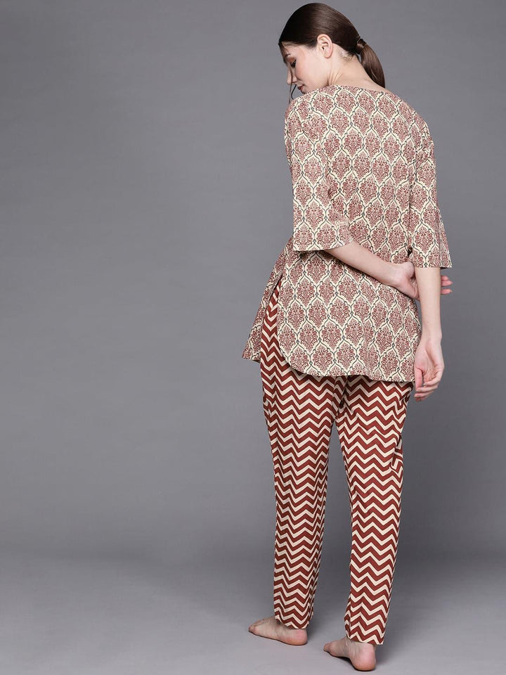 Beige Printed Cotton Night Suit - Libas