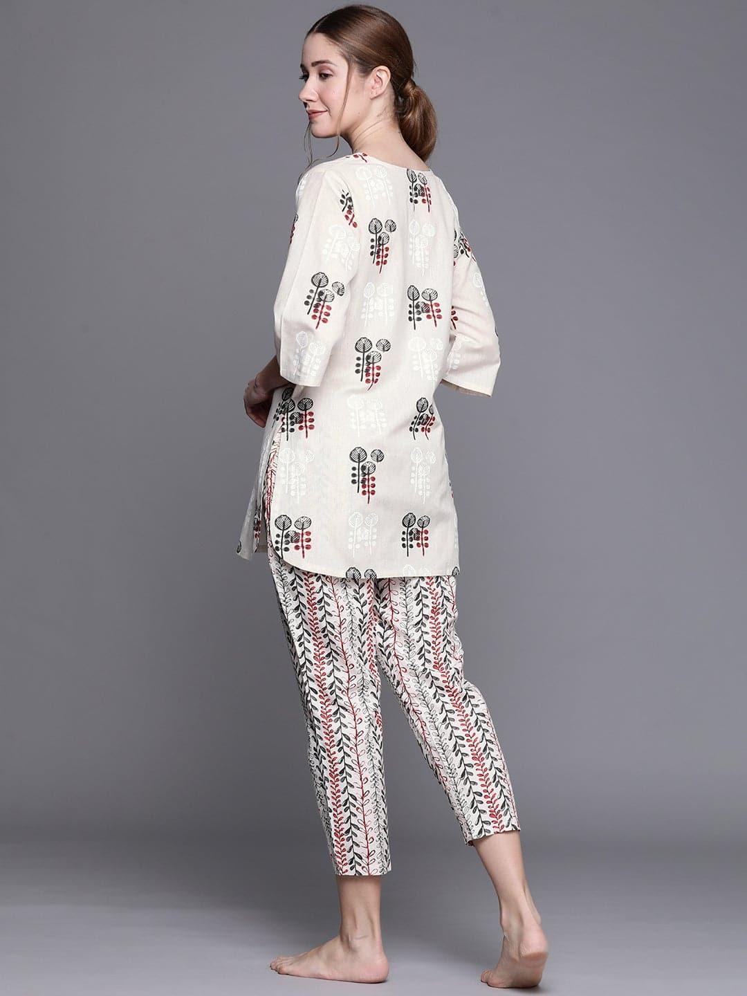 Beige Printed Cotton Night Suit - Libas 