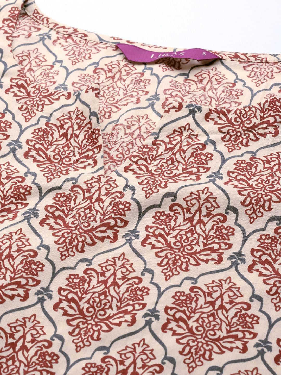 Beige Printed Cotton Night Suit - Libas 