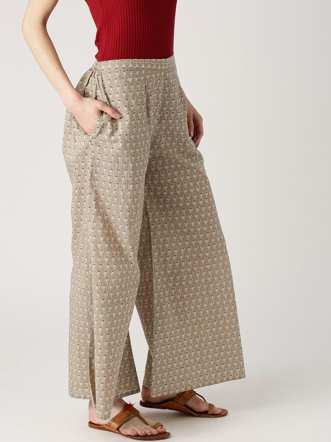 Beige Printed Cotton Palazzos - Libas 