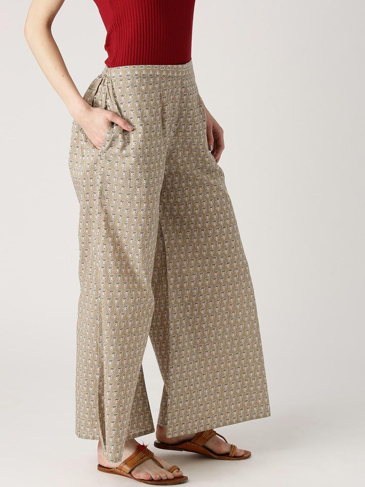 Beige Printed Cotton Palazzos - Libas