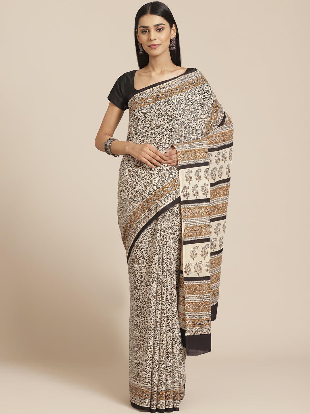 Beige Printed Cotton Saree - Libas 
