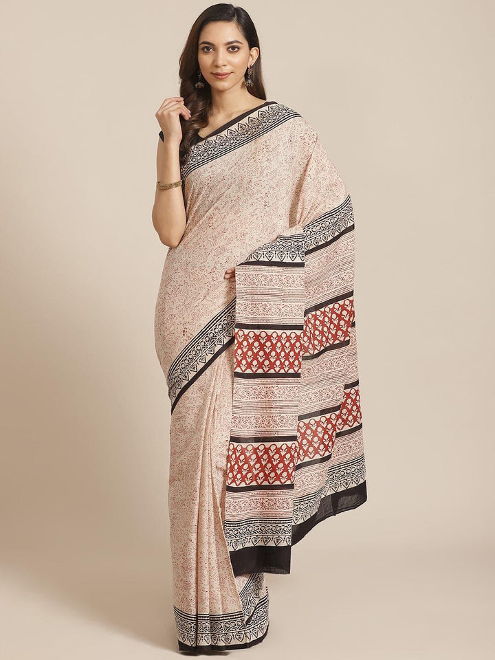 Beige Printed Cotton Saree - Libas