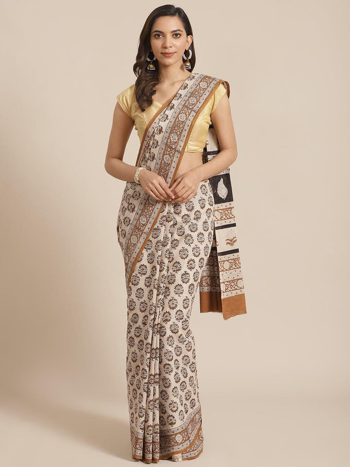 Beige Printed Cotton Saree - Libas