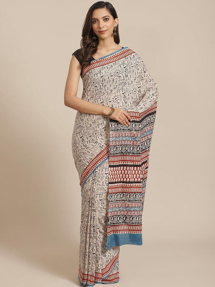 Beige Printed Cotton Saree - Libas