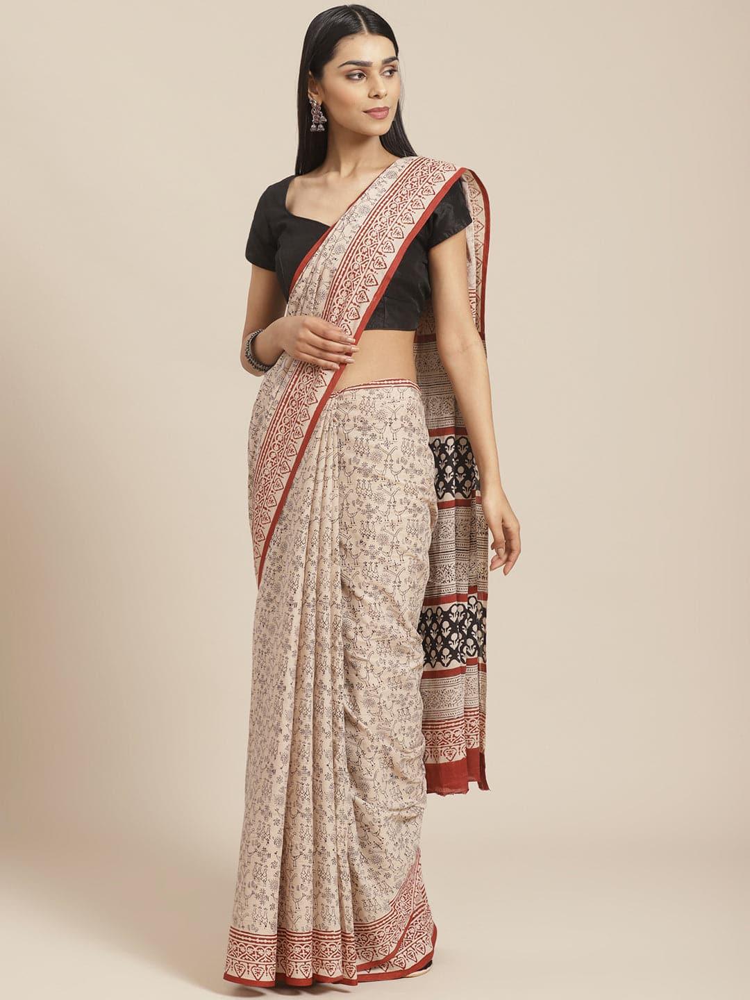 Beige Printed Cotton Saree - Libas 