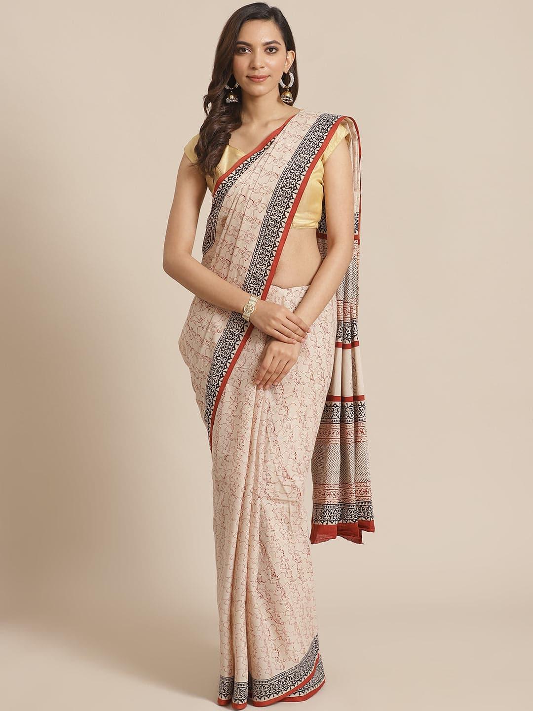 Beige Printed Cotton Saree - Libas 