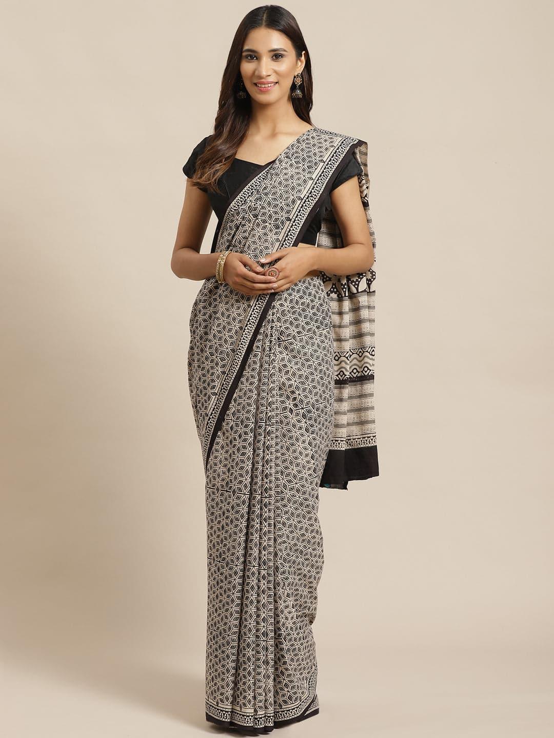 Beige Printed Cotton Saree - Libas 