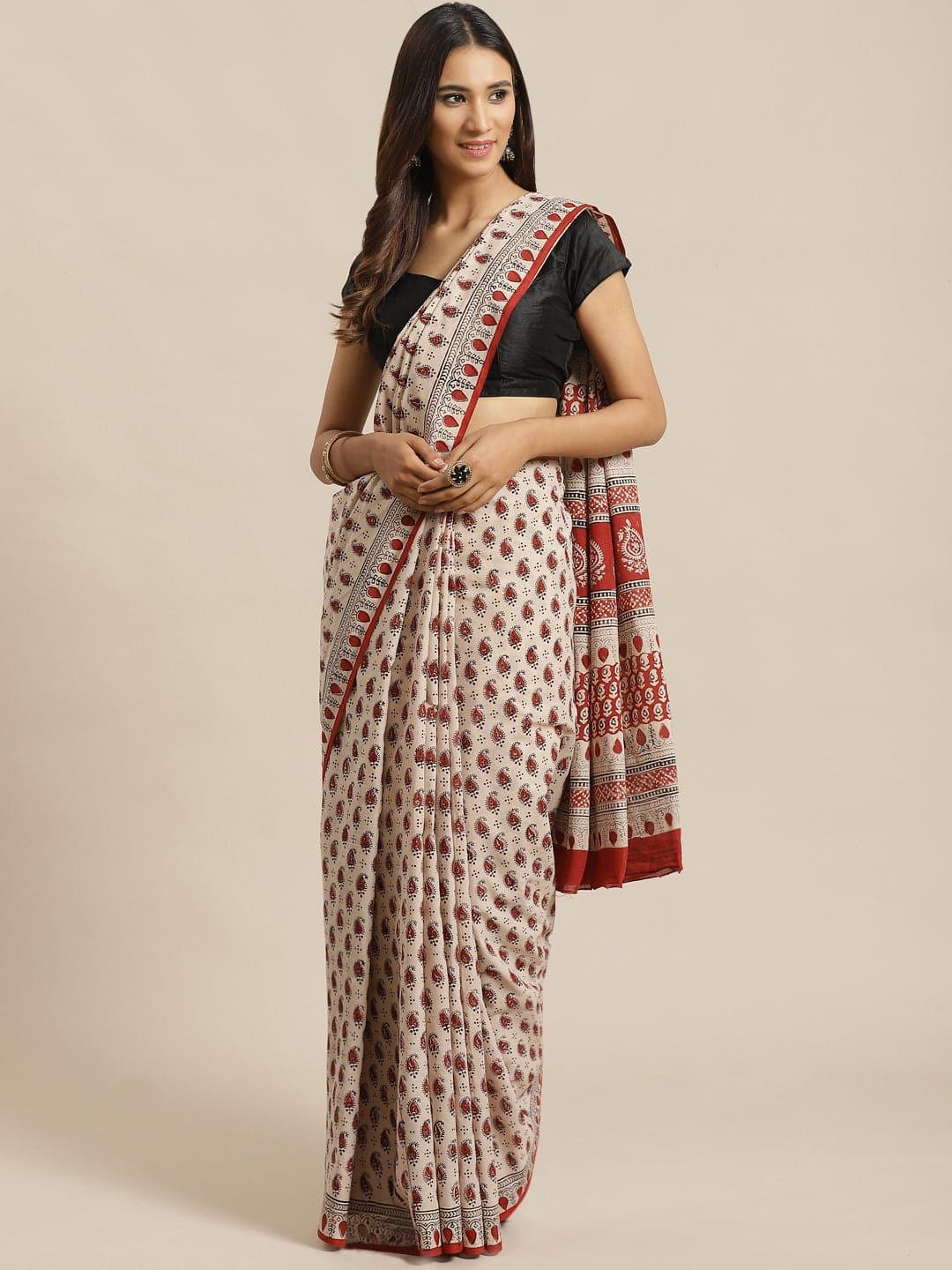 Beige Printed Cotton Saree - Libas 