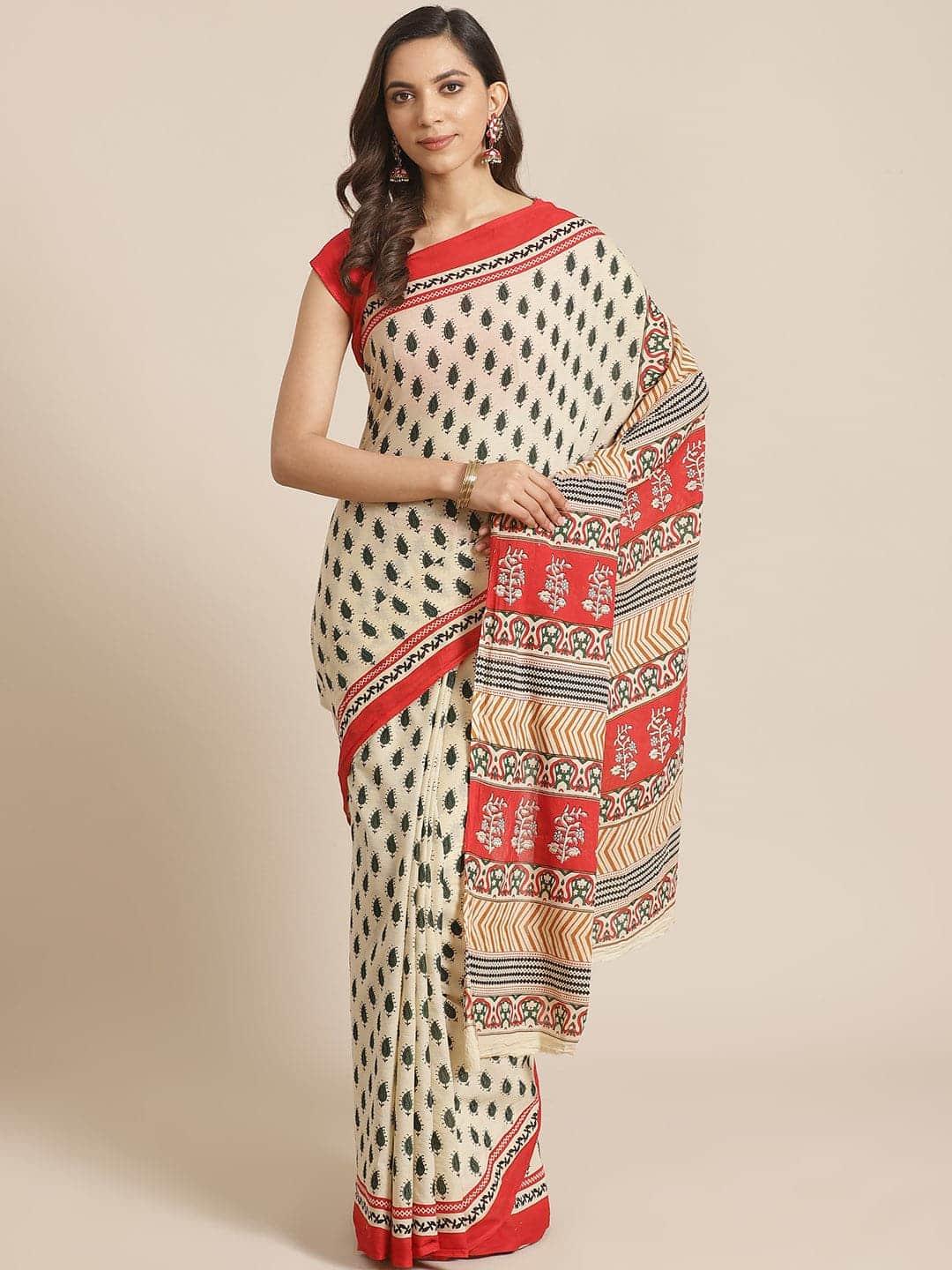 Beige Printed Cotton Saree - Libas 