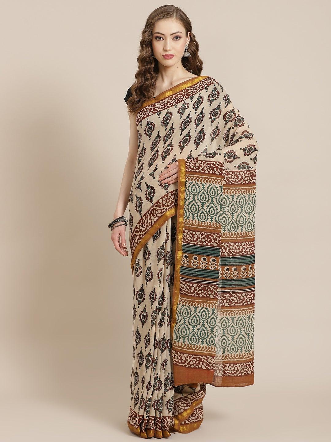 Beige Printed Cotton Saree - Libas 