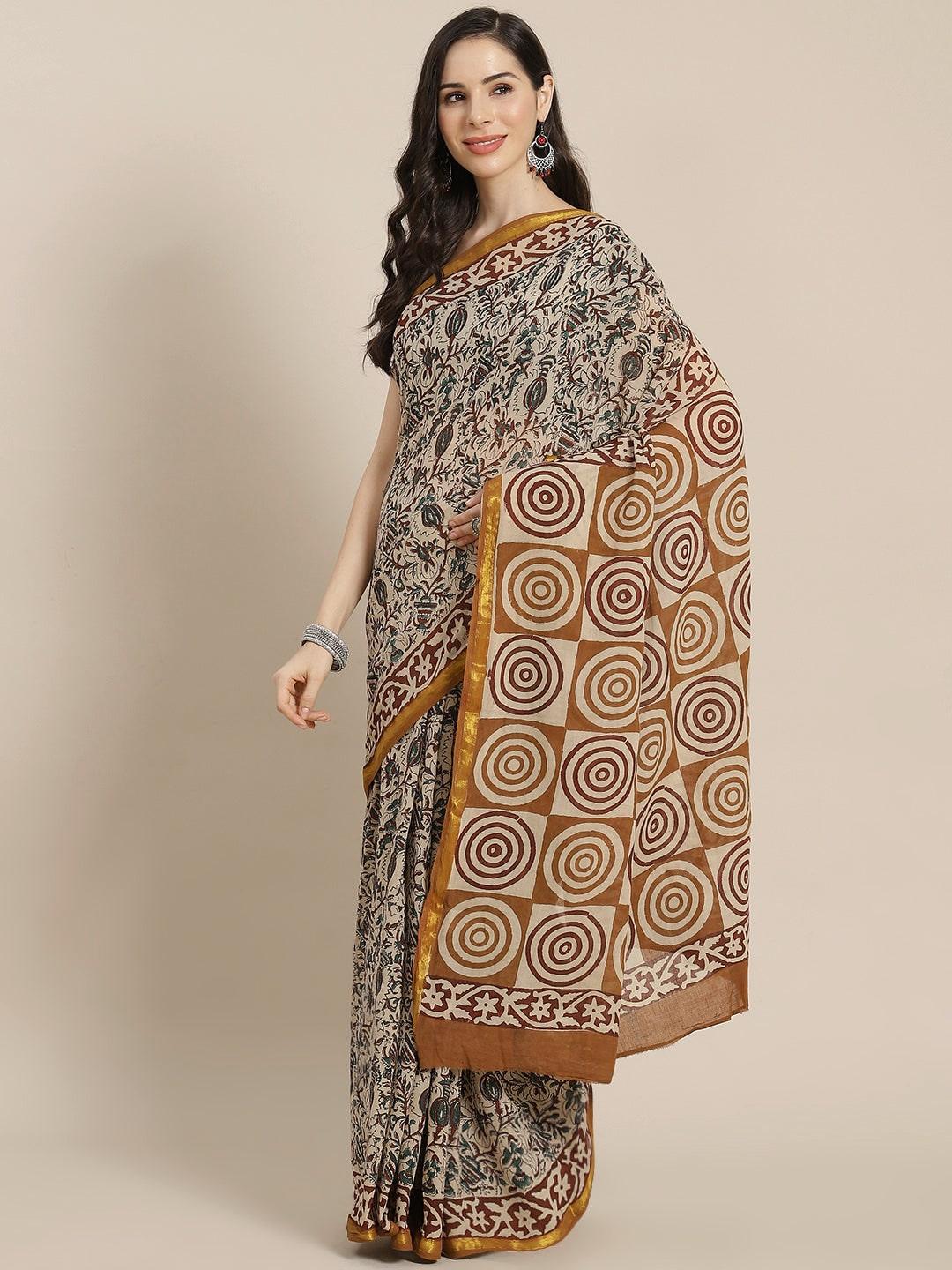 Beige Printed Cotton Saree - Libas 
