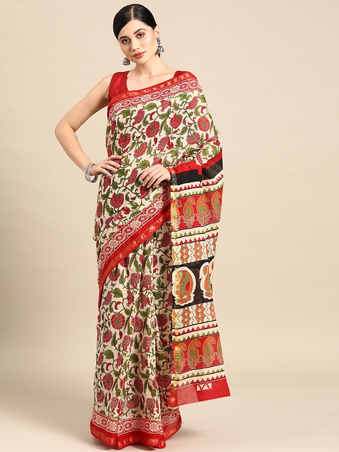 Beige Printed Cotton Saree - Libas 
