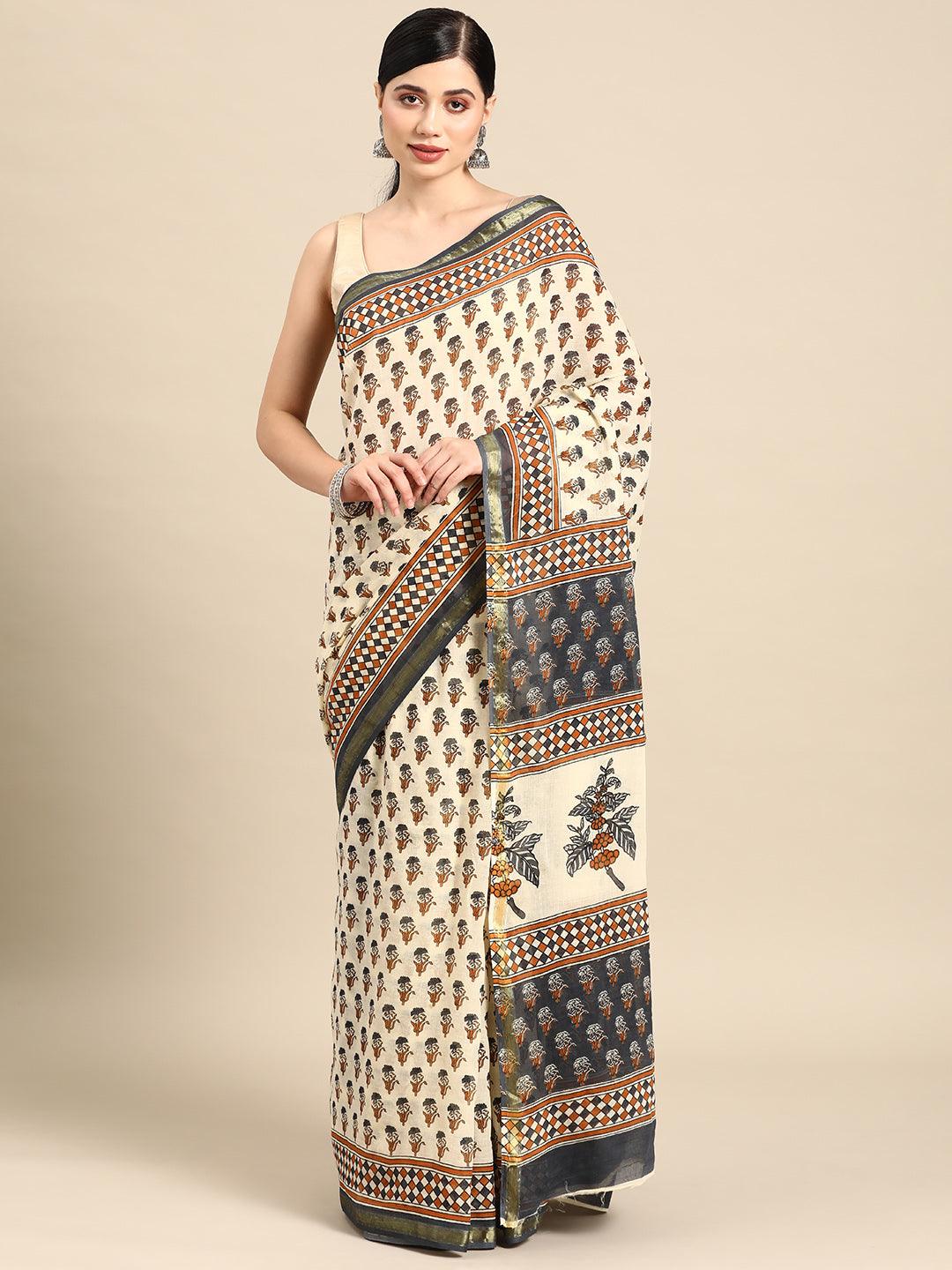 Beige Printed Cotton Saree - Libas 