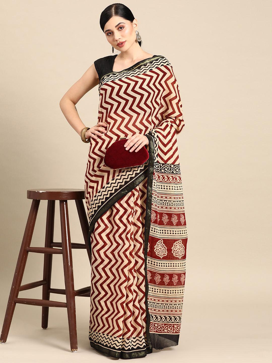 Beige Printed Cotton Saree - Libas 