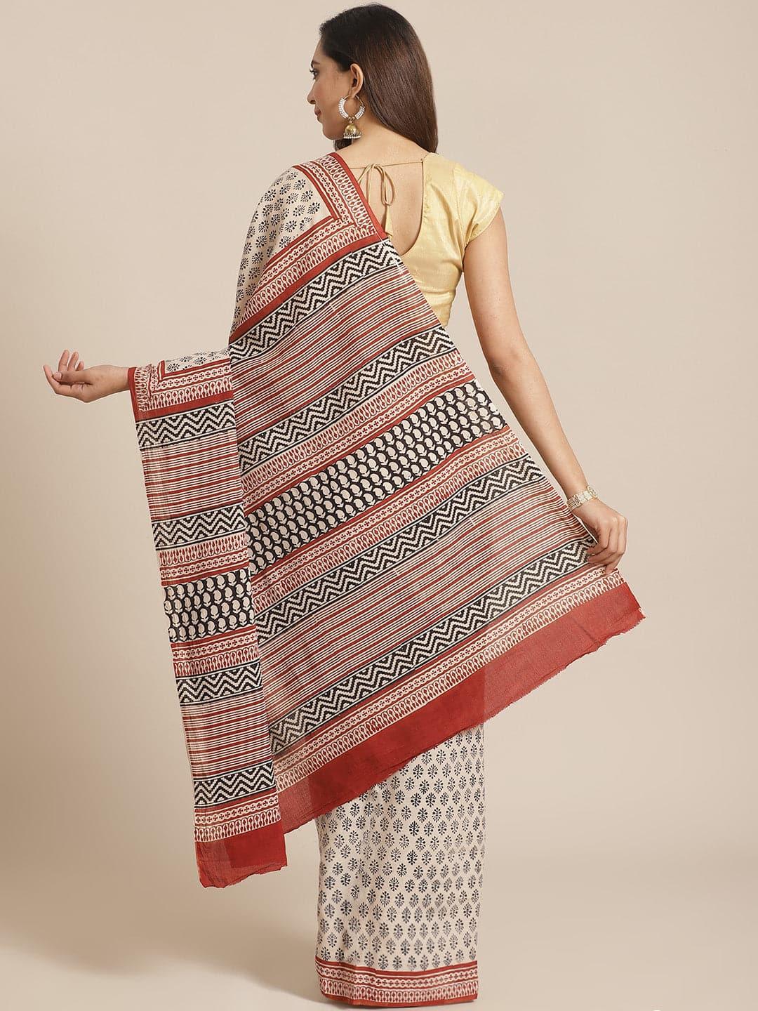 Beige Printed Cotton Saree - Libas 
