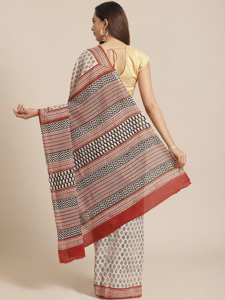 Beige Printed Cotton Saree - Libas