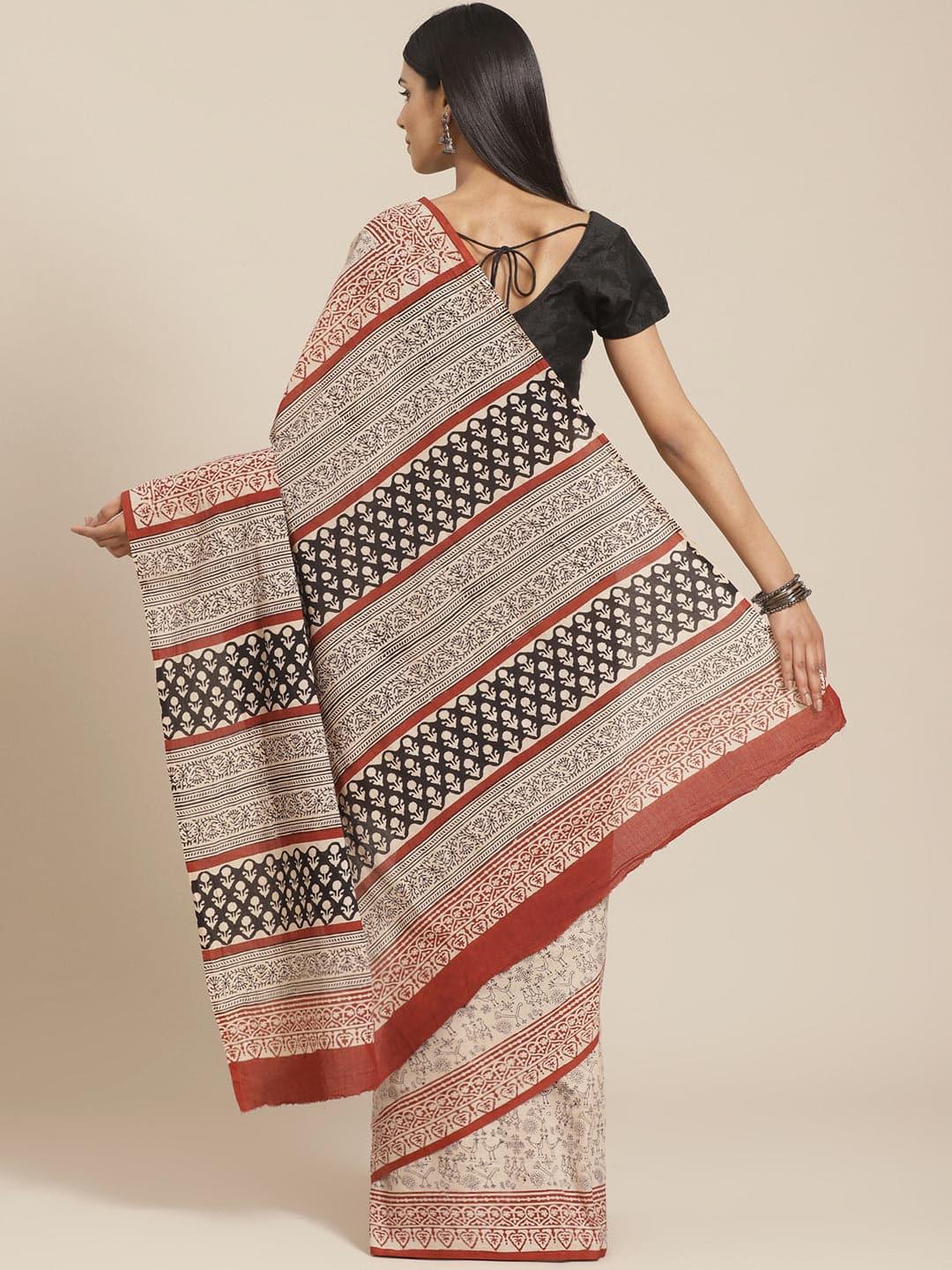 Beige Printed Cotton Saree - Libas 